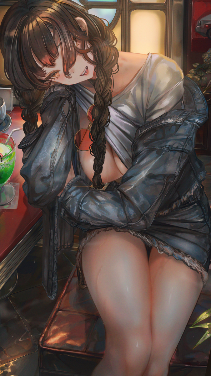 This is a pixiv picture whose title is ”15時38分　気温29℃　駅前の喫茶店”.