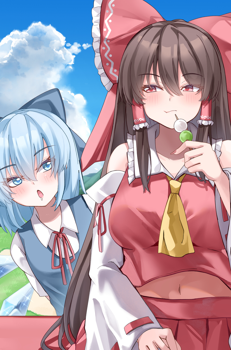 This is a pixiv picture whose title is お団子もぐもぐ霊夢さんとそれを狙うチルノ.