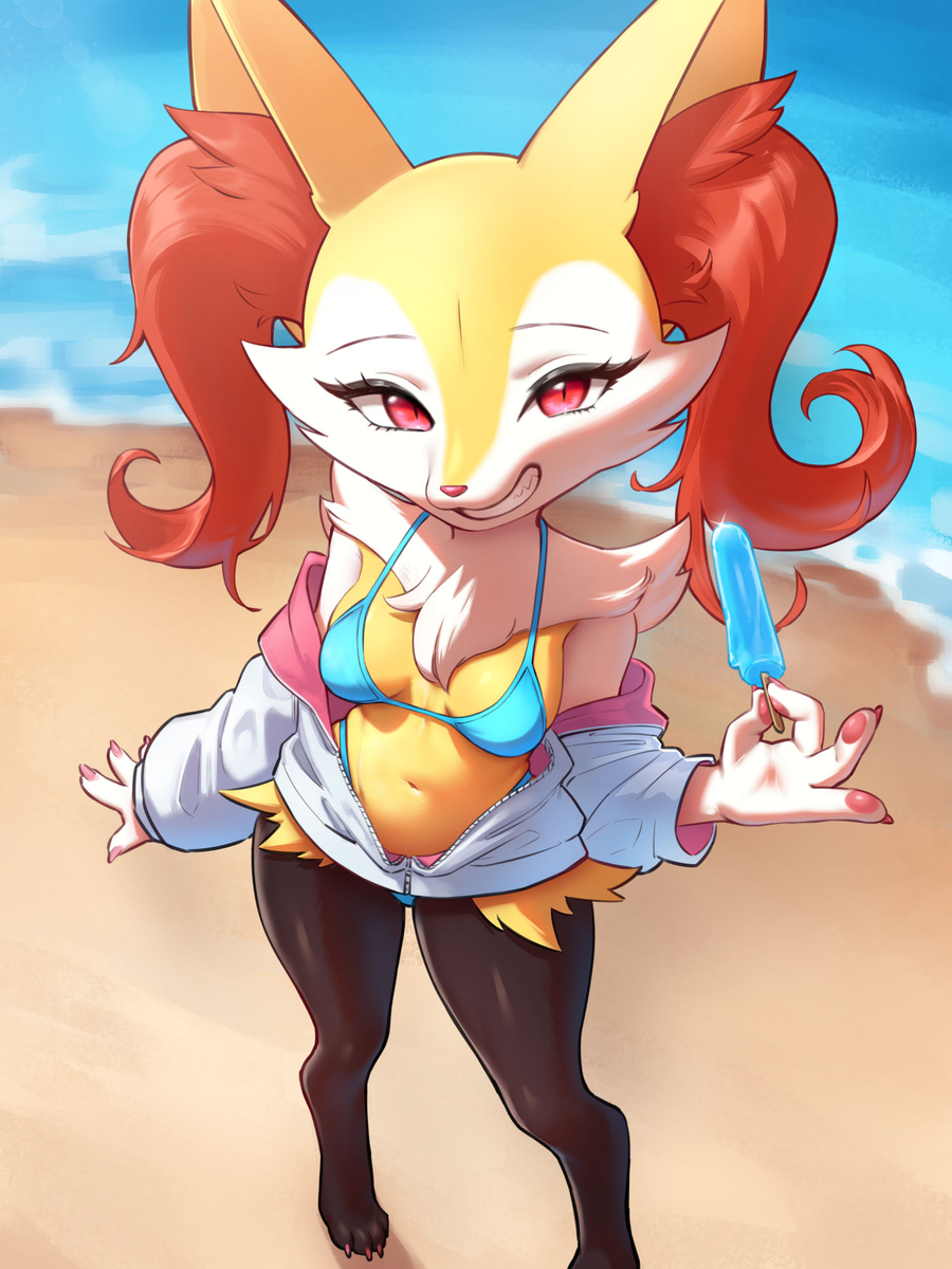 This is a pixiv picture whose title is braixen at the beach.