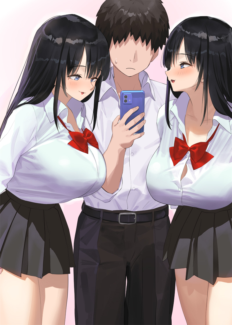 This is a pixiv picture whose title is 巨乳の双子に好かれたせいでいつもおっぱいに挟まれている男子.