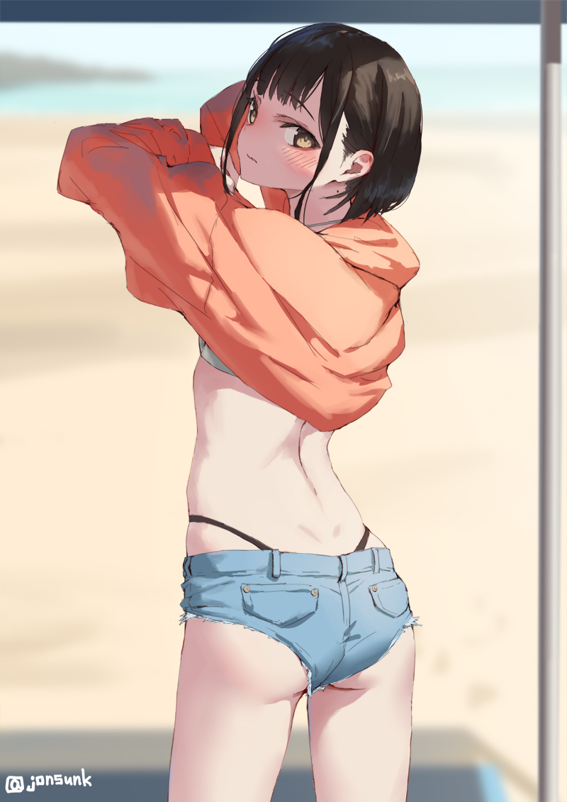 This is a pixiv picture whose title is 友達に急かされて水着になる女の子.