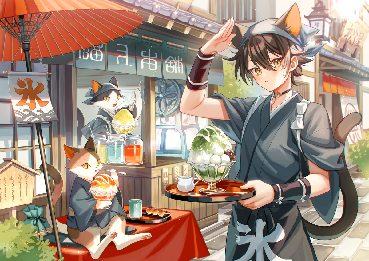 This is a pixiv picture whose title is 猫のかき氷屋さん.
