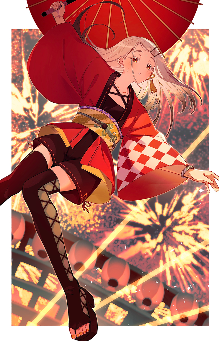 This is a pixiv picture whose title is 和傘振った時の遠心力に勝てず風に煽られ宙を舞う篠澤さん.