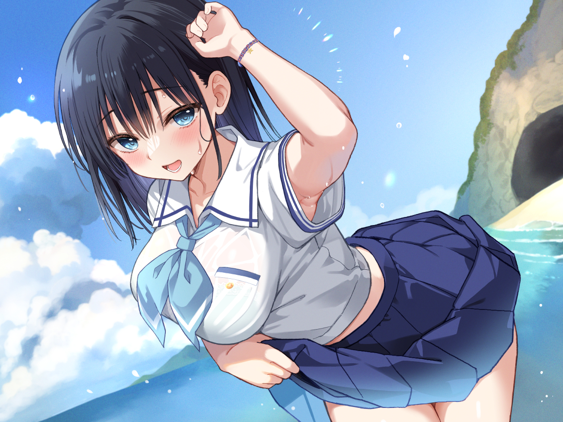 This is a pixiv picture whose title is 海沿いの田舎町で、JK彼女とべったりな夏.