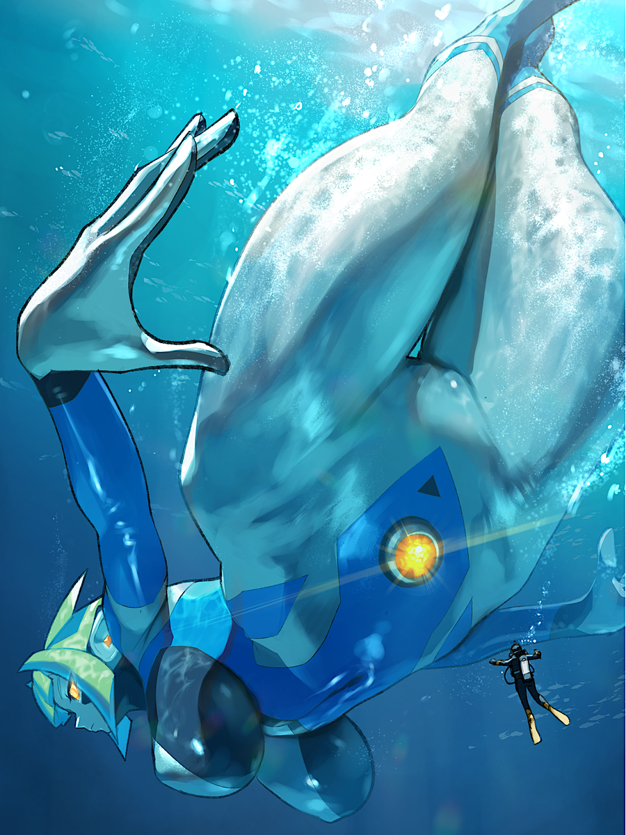 This is a pixiv picture whose title is 海中へ向かう巨大ヒロイン.
