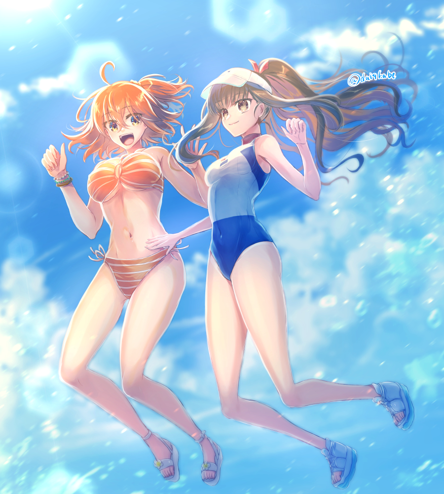 This is a pixiv picture whose title is 水着ぐだ子＆ザビ子……バイトのお姉さん🍊🌕🌊✨.