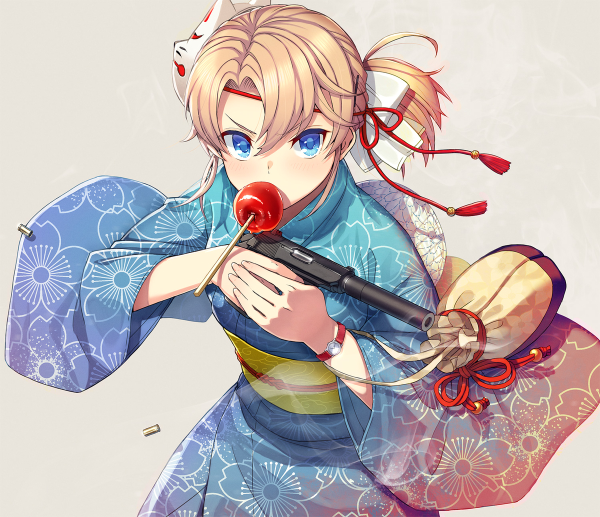 This is a pixiv picture whose title is 浴衣と拳銃.