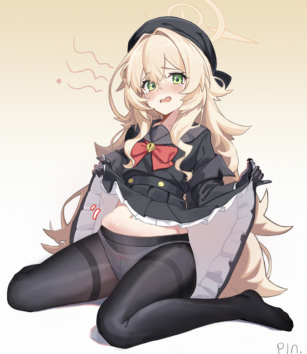 This is a pixiv picture whose title is 「せ、、せめてストッキング脱ぐのはだめ！」.