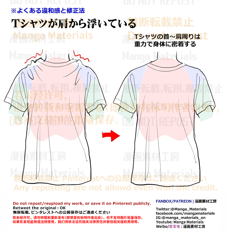 This is a pixiv picture whose title is 個人メモ：Tシャツの首～肩周り.