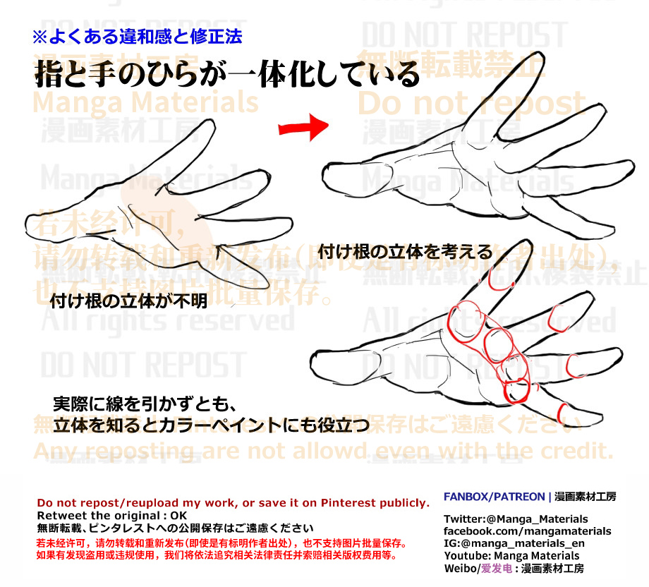 This is a pixiv picture whose title is 個人メモ：指の付け根の立体を考える.