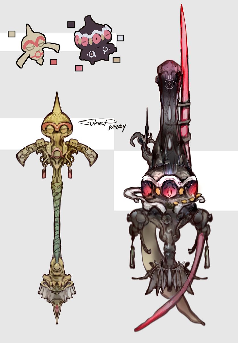 This is a pixiv picture whose title is ヤジロン・ネンドールモチーフの武器（ポケモン）.