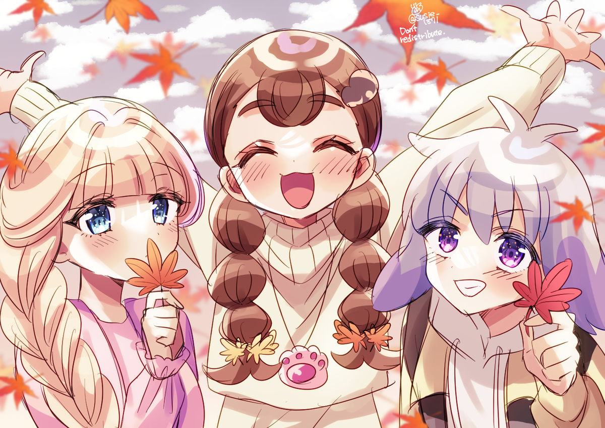 This is a pixiv picture whose title is 紅葉と動物組.