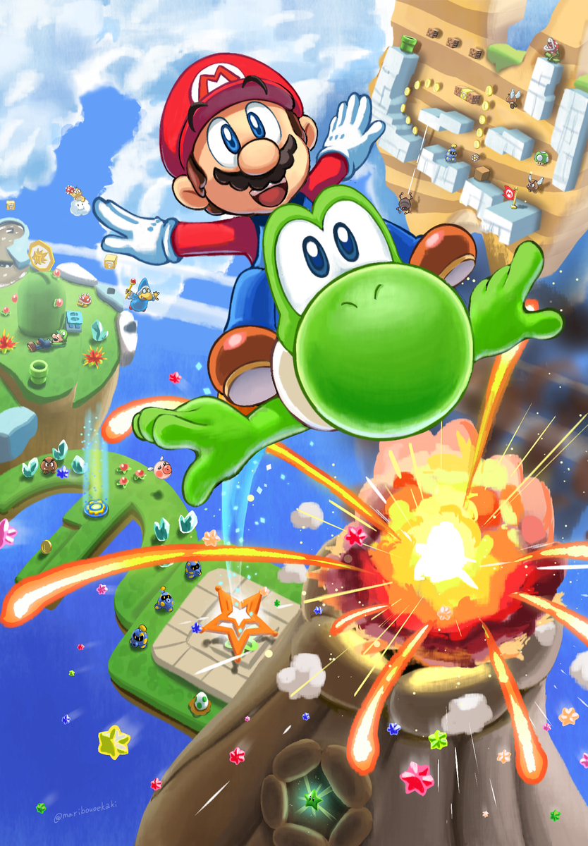 This is a pixiv picture whose title is マリオとヨッシー、宇宙へ！.