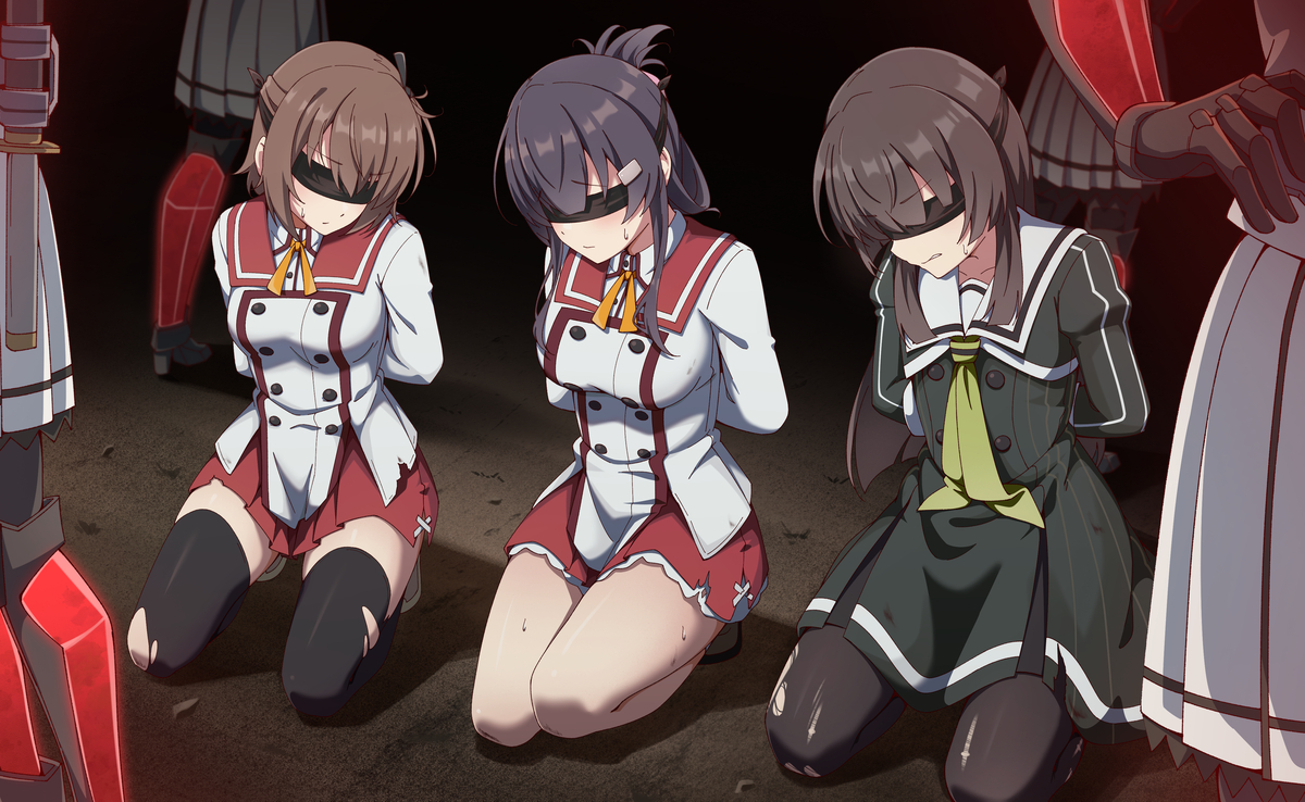 This is a pixiv picture whose title is 可奈美、舞衣、姫和 三人拘束待機.