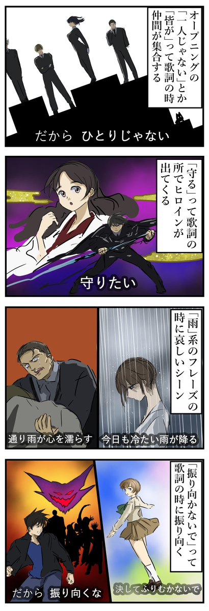 This is a pixiv picture whose title is アニメのＯＰで好きな歌詞シンクロ。.