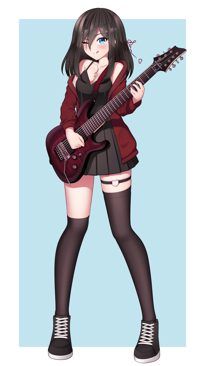 This is a pixiv picture whose title is ... and her gf plays guitar.