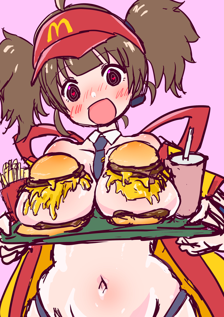 This is a pixiv picture whose title is 今だけダブチ食べ美   ダブチに挟んだ胸をトレーに乗せ美.