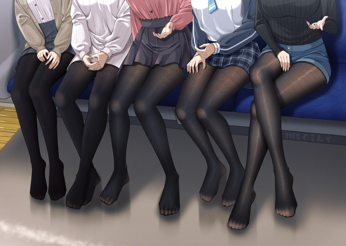 This is a pixiv picture whose title is 電車内のタイツ女子たち.