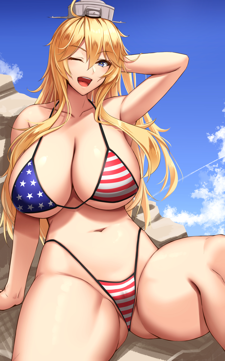 This is a pixiv picture whose title is 金髪爆乳アメリカン.