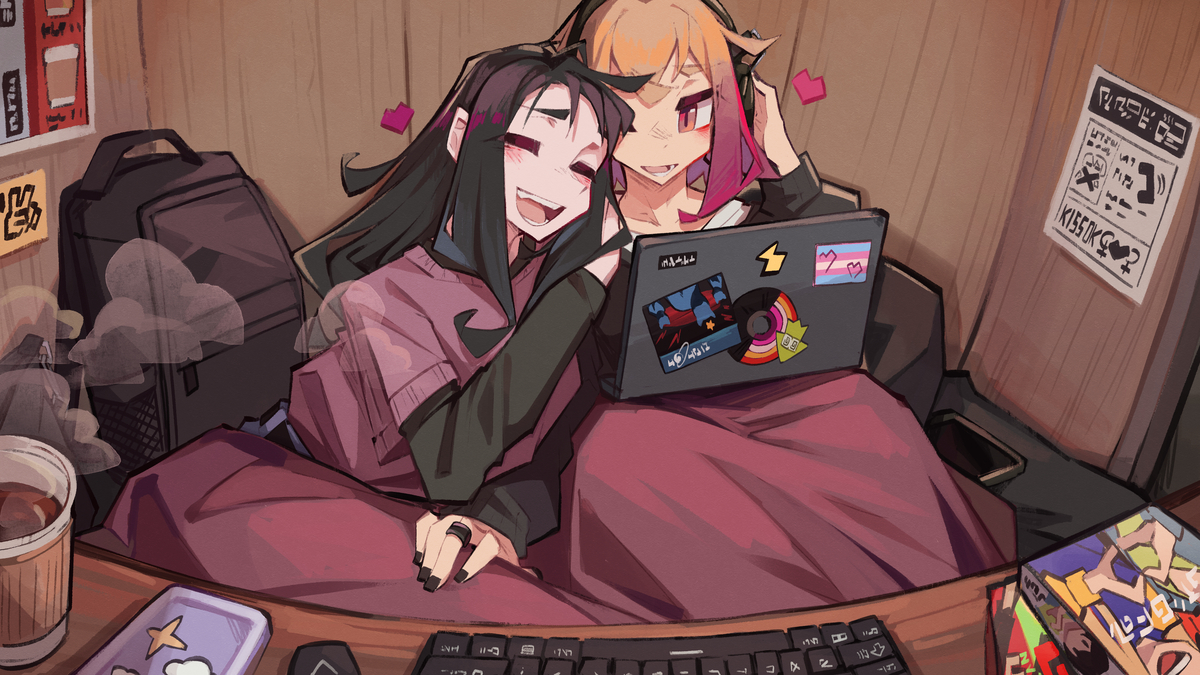This is a pixiv picture whose title is Gay women at the manga cafe.