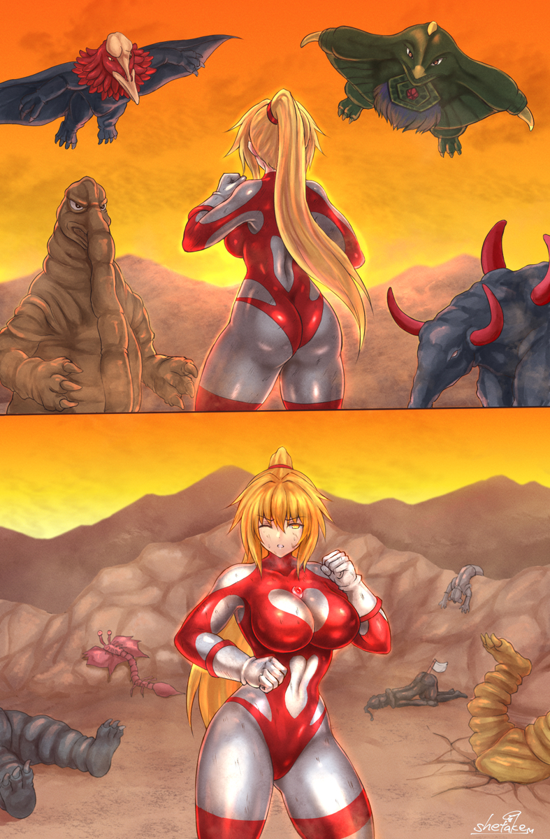 This is a pixiv picture whose title is リディアvs4大怪獣.