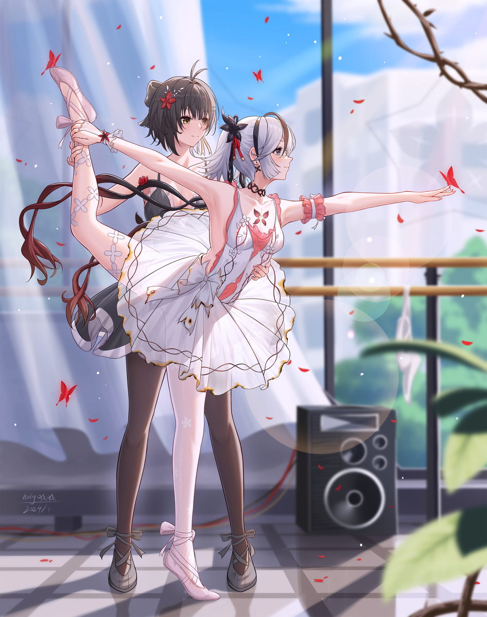 This is a pixiv picture whose title is 阿漂和椿的拉伸运动.