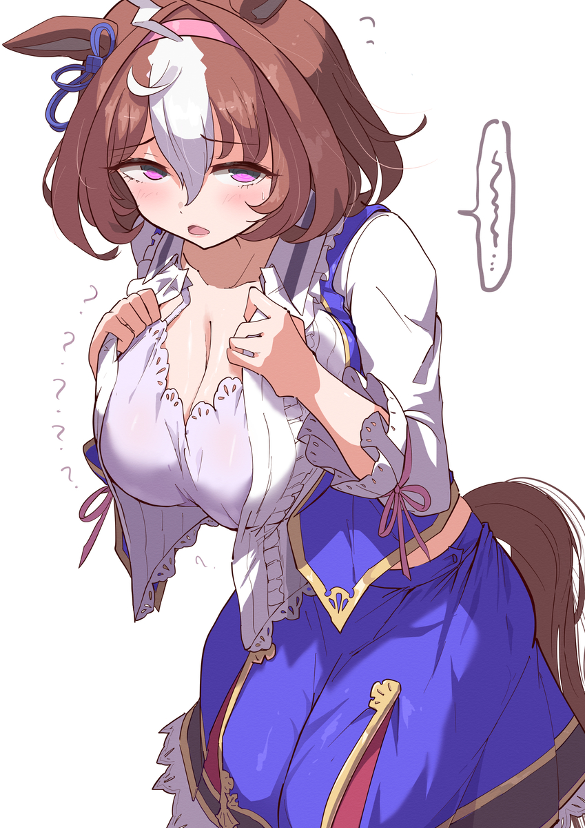 This is a pixiv picture whose title is スズカが着たメイショウドトウ衣装（仕立て直し）を着るドトウ.