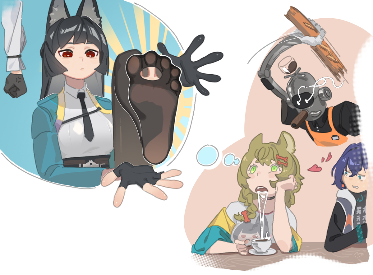 This is a pixiv picture whose title is 🦊🦶🐱🥖🤖.