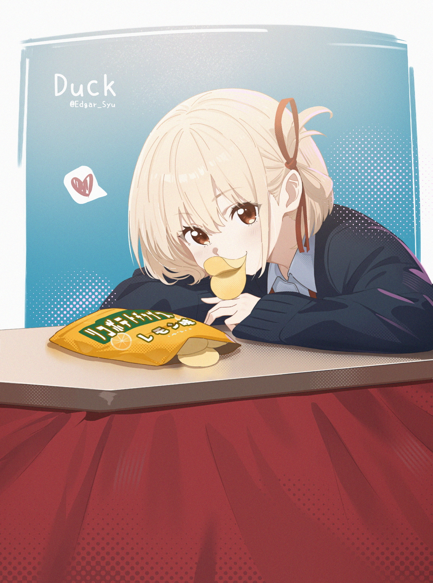 This is a pixiv picture whose title is 「たきな、見てー！アヒル！❤️」🦆.