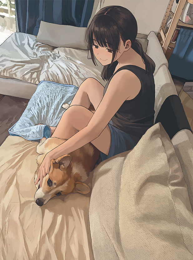 This is a pixiv picture whose title is 足の隙間に挟まる犬、かわいい.