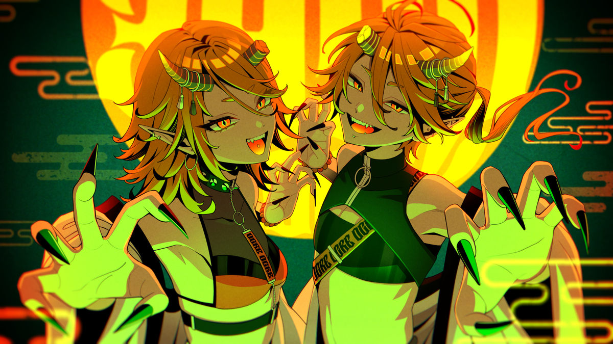 This is a pixiv picture whose title is 鬼の首/リンレン版.