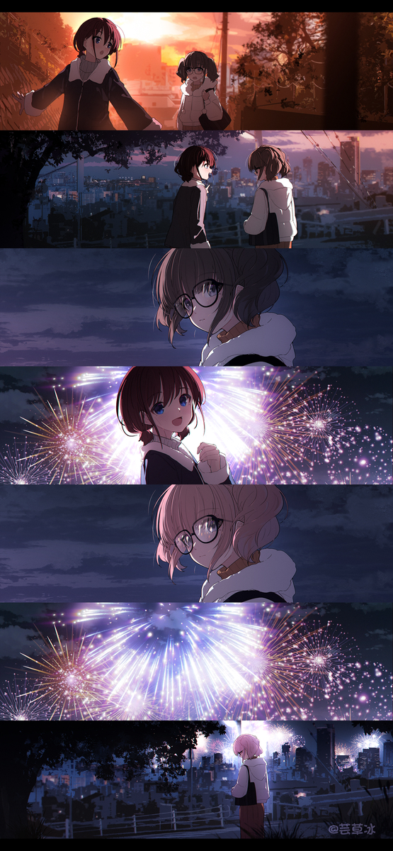 This is a pixiv picture whose title is 同样的时间，同样的地点，但是能够一起看烟花的人已经不在了😭.