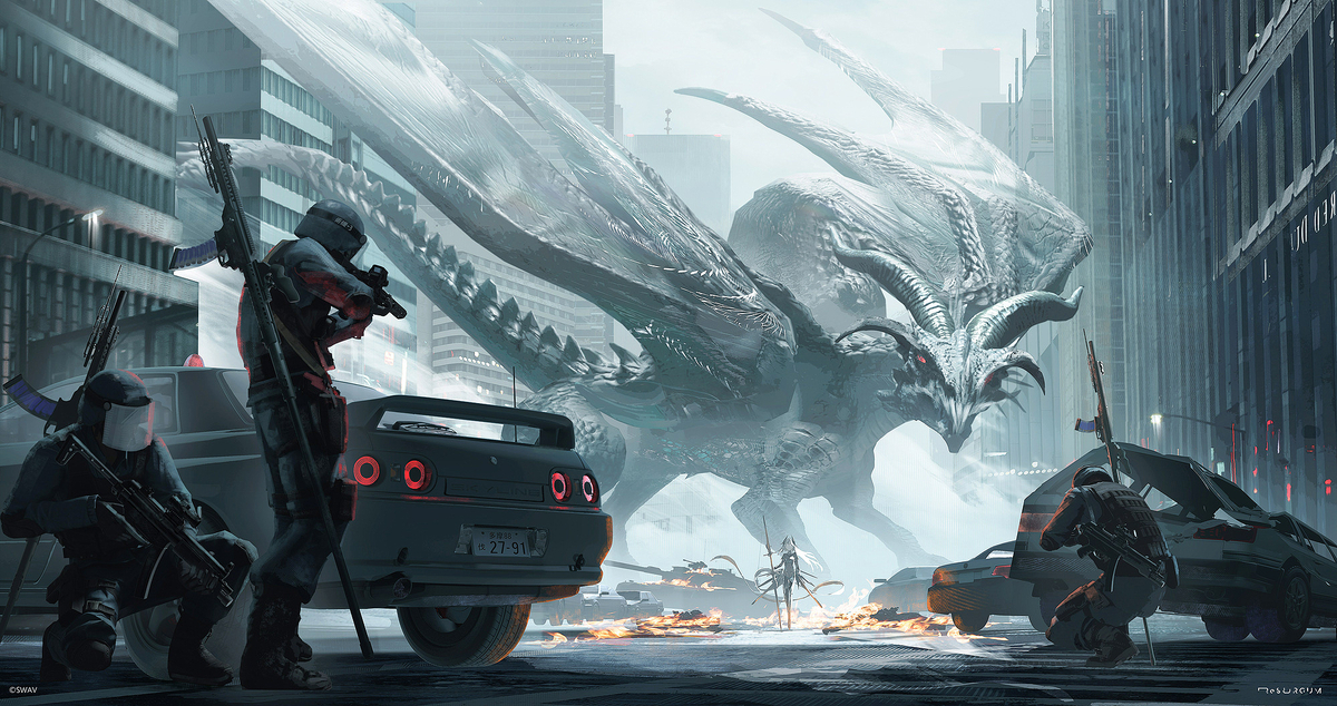 This is a pixiv picture whose title is 古龍侵攻.