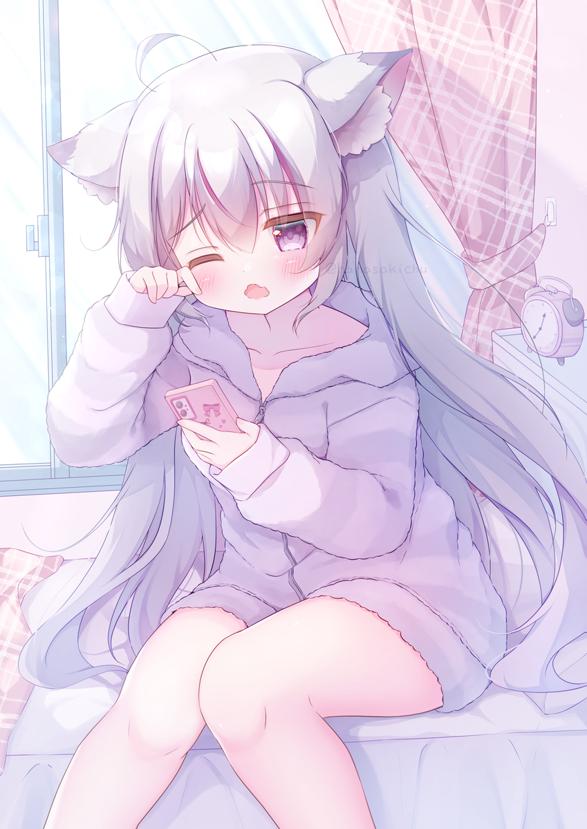 This is a pixiv picture whose title is 「ふぁぁ…まだ眠いよぉ…」.
