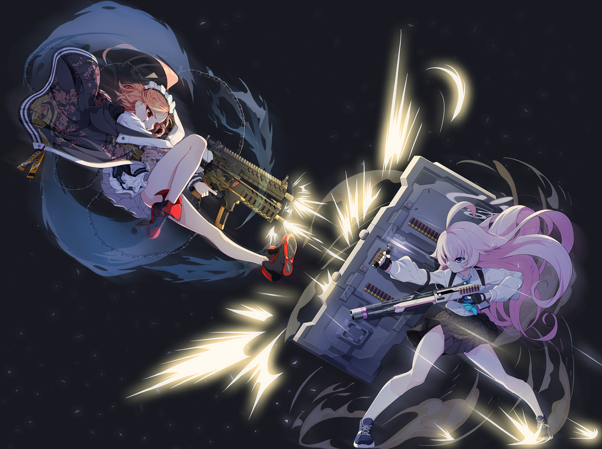 This is a pixiv picture whose title is ネル VS ホシノ (シャーレ VS キヴォトス).