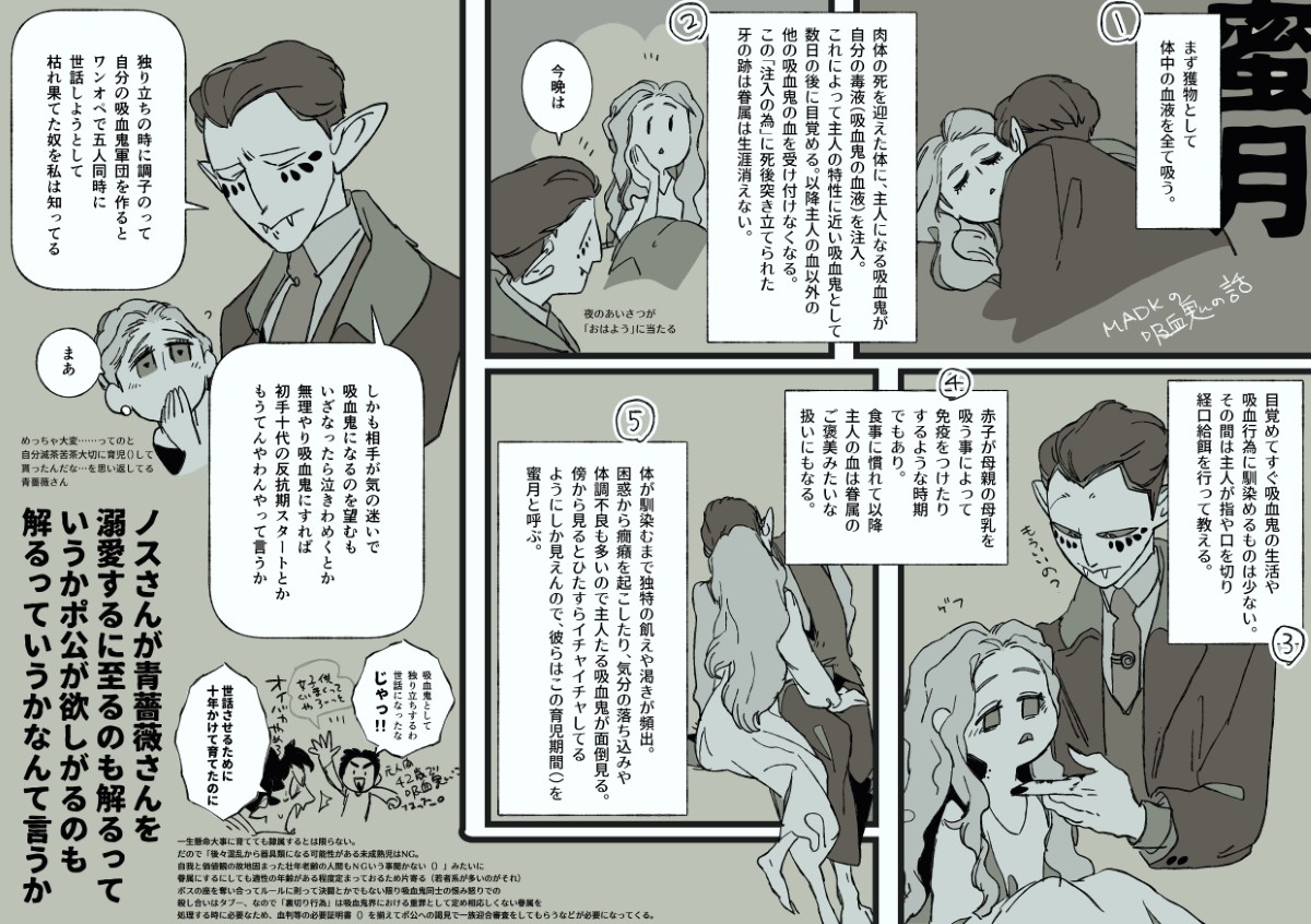 This is a pixiv picture whose title is 蜜月と巨人系吸血鬼のアラキーバ君とポ公と俳パロと青薔薇とプネキ.
