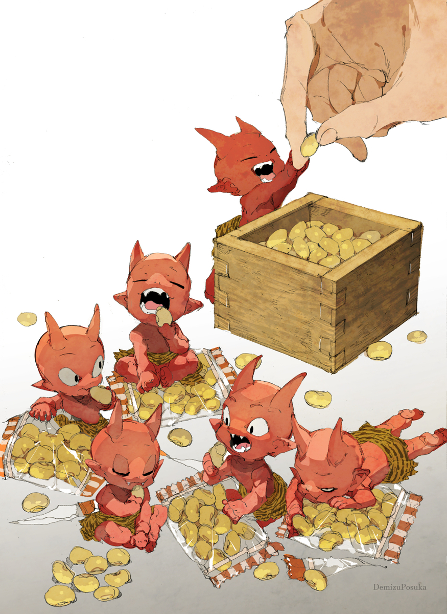 This is a pixiv picture whose title is 小鬼と豆.
