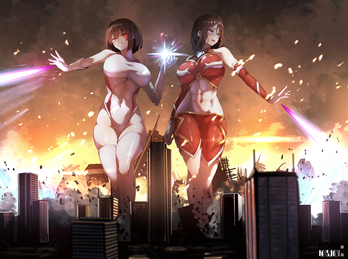 This is a pixiv picture whose title is 【コミッション】暴れる二人の巨大娘.