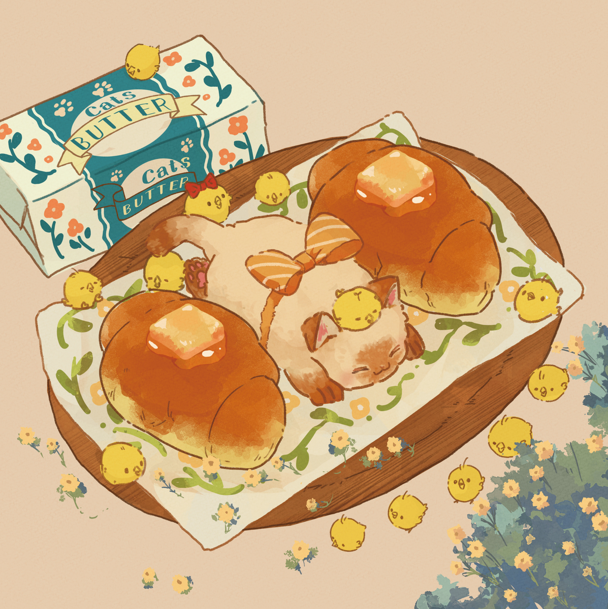 This is a pixiv picture whose title is ロールパン🧈🐈🐤.