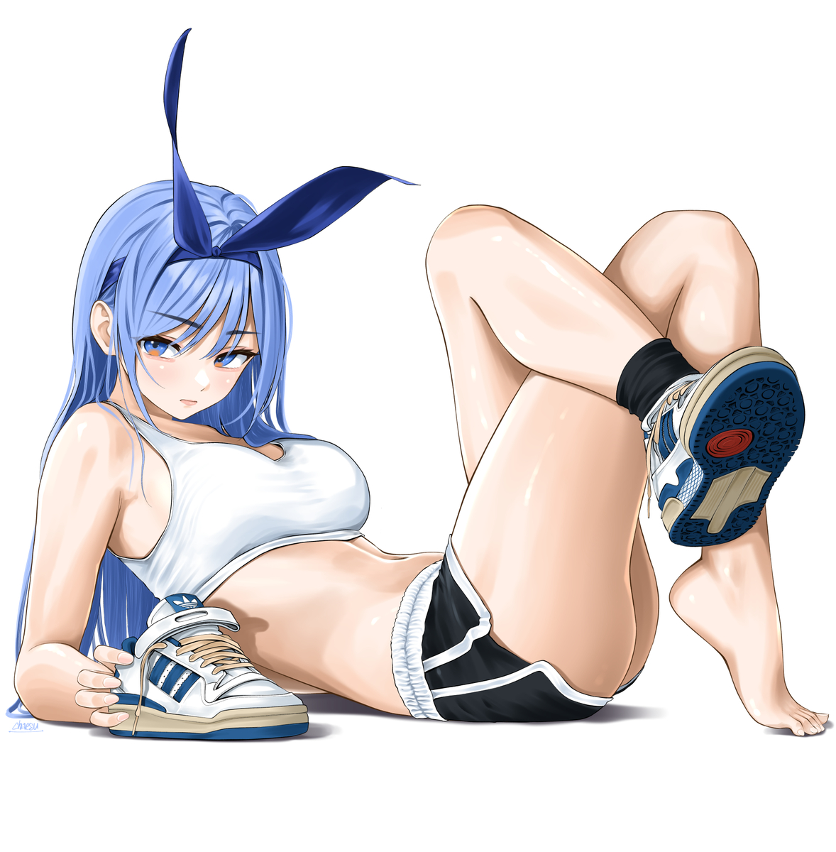 This is a pixiv picture whose title is crossed legs.
