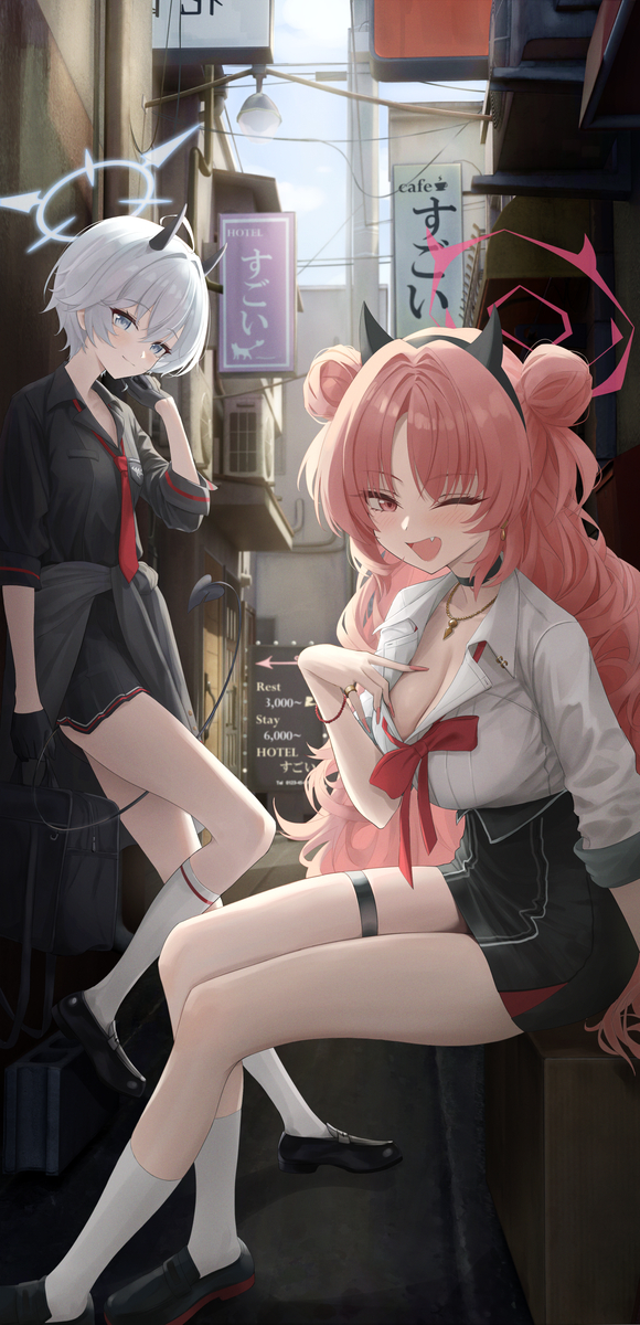 This is a pixiv picture whose title is 「先生！こっち！あたしが言ってた超すごいカフェ、 行こ行こ！」.