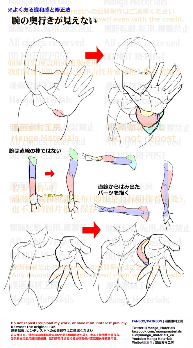 This is a pixiv picture whose title is 個人メモ：腕の奥行感の表現.