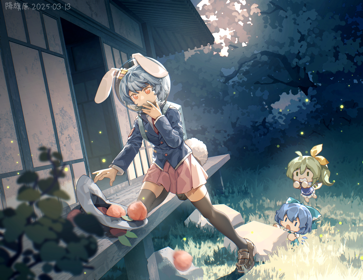 This is a pixiv picture whose title is 下降的速度，桃子，和地球.