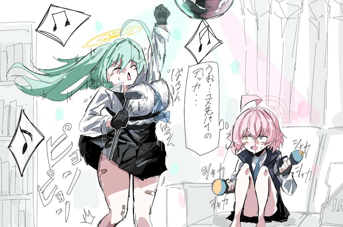 This is a pixiv picture whose title is 部室でカラオケごっこするユメホシ (ジークアクスのEDパロ).