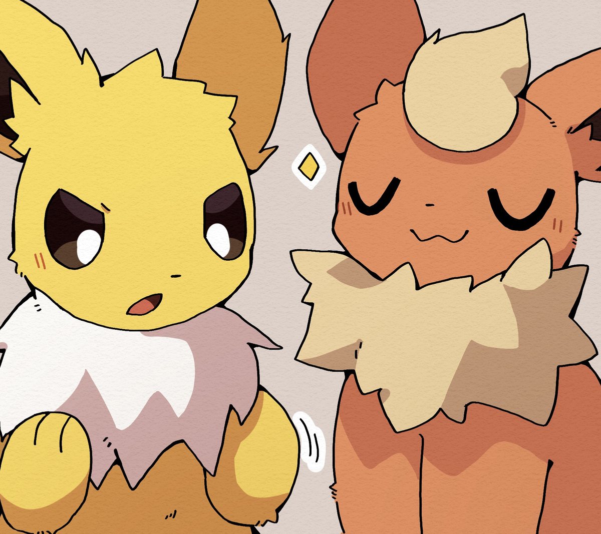 This is a pixiv picture whose title is お互いのまねっこをするサンダースとブースター.