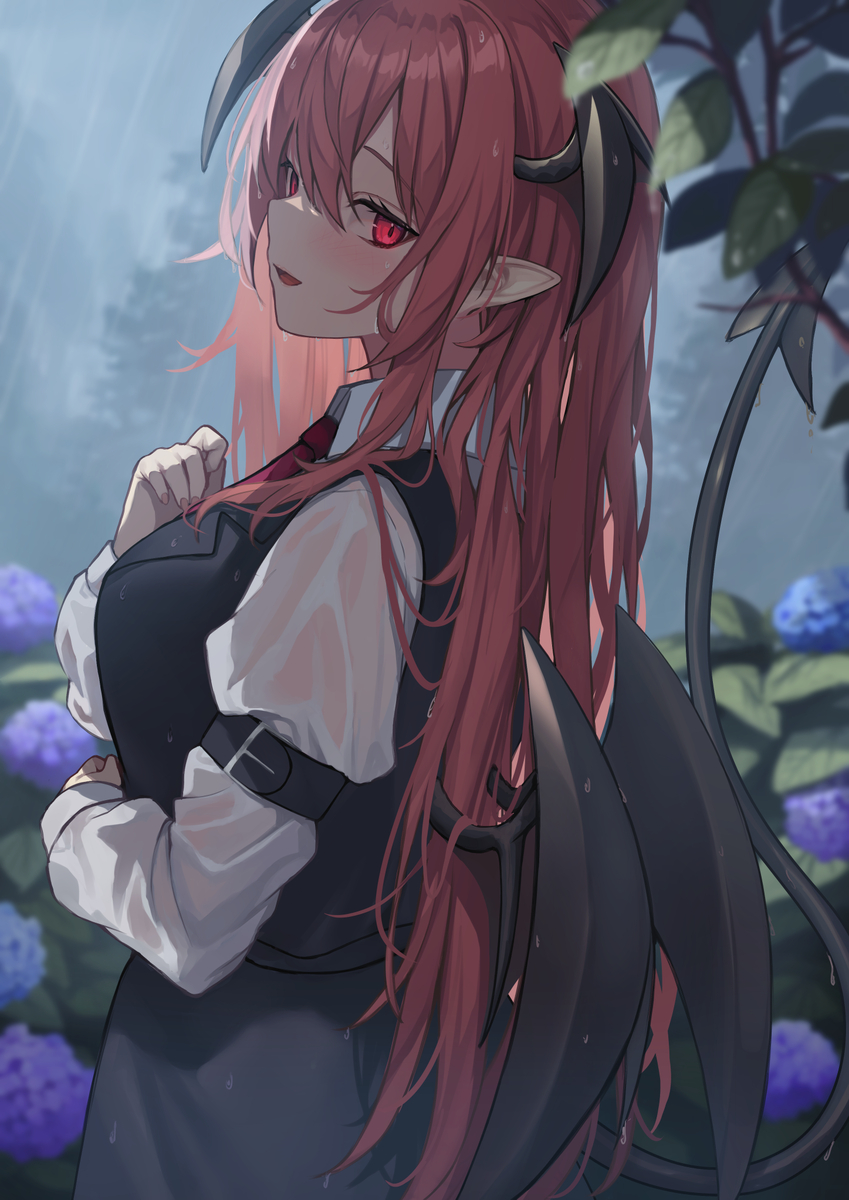 This is a pixiv picture whose title is ずぶ濡れ小悪魔さんと雨宿り.