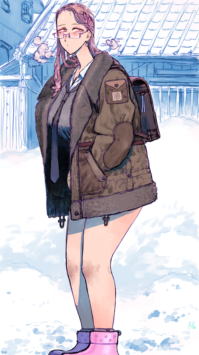 This is a pixiv picture whose title is 雪国インテリちょいギャル.