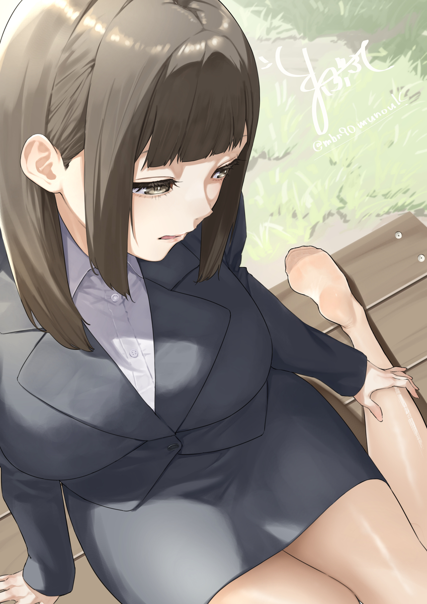 This is a pixiv picture whose title is ベンチとOL.