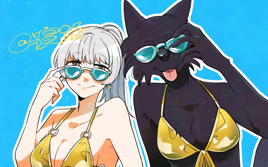 This is a pixiv picture whose title is 【創作百合】帳の金ビキニウェイ.