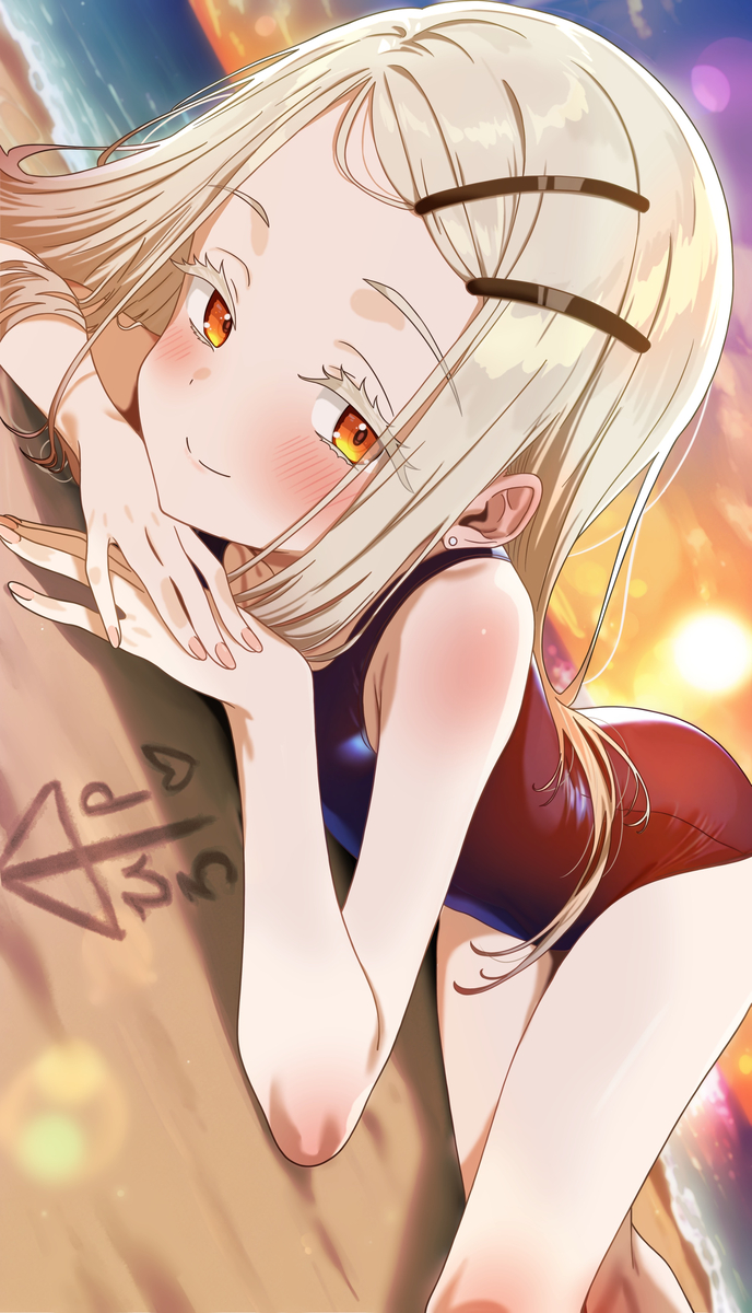 This is a pixiv picture whose title is スク水ビーチ篠澤広.